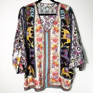 Johnny Was Vibrant Floral ikat Elephant Print Flowy V-Neck Blouse